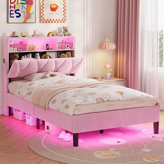 Twin Bed Frames with Storage Headboard,Power Outlet, LED Lights,Velvet Upholstered Platform Bed Twin for Kids, Pink Bed Frame with 5 Storage Shelves for Girls, No Box Spring Needed, Pink