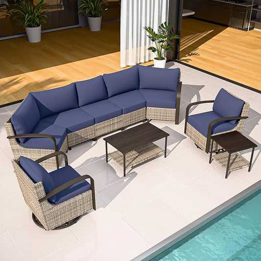 COOS BAY Aurora Terrace Half-Moon Outdoor Furniture Set, Rattan Conversation Set with Swivel Rockers, Curved 5-Seat Sofa, Coffee Table & Side Table, Seats 7, Beige/Blue