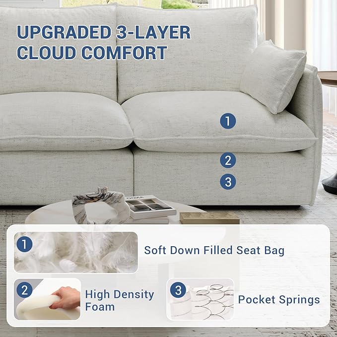 Cloud Modular Sectional Sofa, Waterproof Down Filled Sectional Sofa, High Backrest Loveseat Couch with Ottoman, Modern Modular Couch with Removable Cover, Cream White