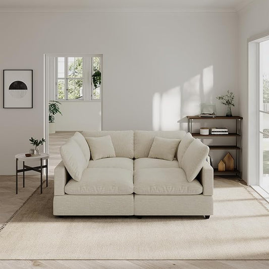 Cloud Couches Linen Sleeper Sofa Bed,Modern Sectional Sofa Couch for Living Room,Cushion Covers Removable,Cozy Feather Down Sofa for Apartment Beige