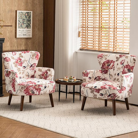 Floral Accent Chair Set of 2, Upholstered Living Room Chairs with Solid Wood Legs, Mid Century Modern Velvet High Back Armchair for Bedroom, Living Room, Pink
