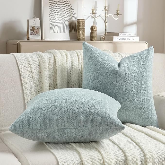 FUTEI Dusty Blue Chenille Throw Pillow Covers 20x20 Inch Set of 2,Soft Striped & Diamond Textured Cushion Cases,Modern Home Decor for Couch Living Room