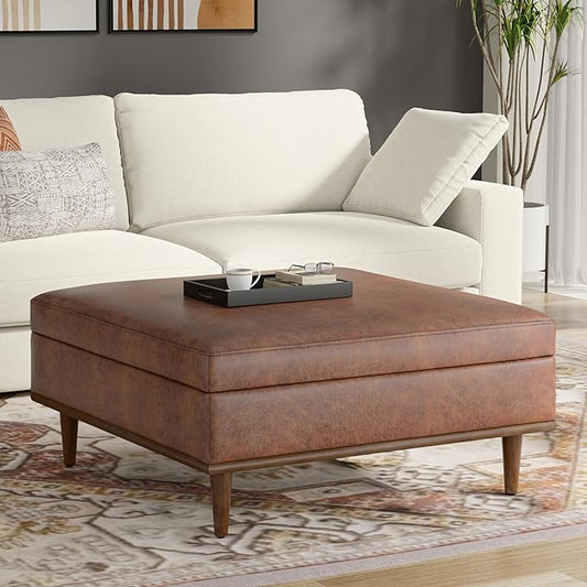 SIMPLIHOME Shiloh 38 inch Wide Transitional Contemporary Square Storage Ottoman in Distressed Saddle Brown Vegan Faux Leather, Assembled, for The Living Room, Entryway and Family Room