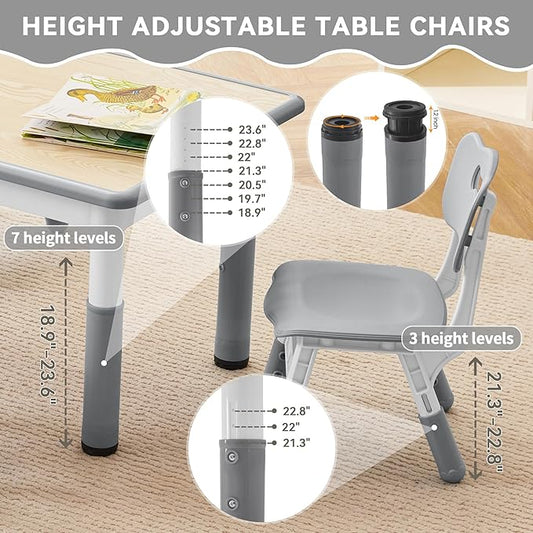 Kids Study Table and Chairs Set, Height Adjustable Toddler Table and Chair Set for Kids Ages 3-8, 23.6" L x 23.6" W Graffiti Desktop Plastic Children Art Table with 4 Seats, W-Grey