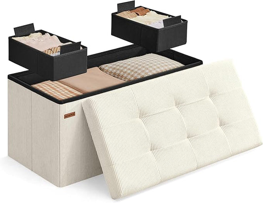 SONGMICS Mazie Collection - Storage Ottoman Bench, Foldable Foot Rest, 15 x 30 x 15 Inches, End of Bed Bench, Storage Chest, Load 660 lb, Living Room, Bedroom, Entryway, Cream White ULSF603W01