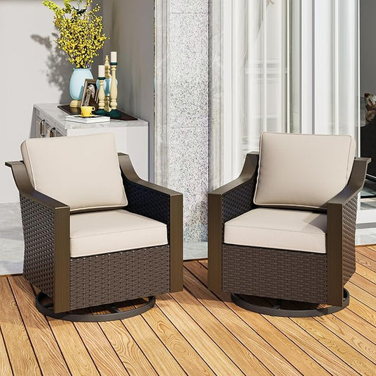 Patio Metal Swivel Chairs Set of 2, Wicker Conversation Furniture Set, Upholstered & 360 Degree Glider Rockers Armchairs, PE Rattan, Metal armrests, Terrace (Beige and Brown Stripe)
