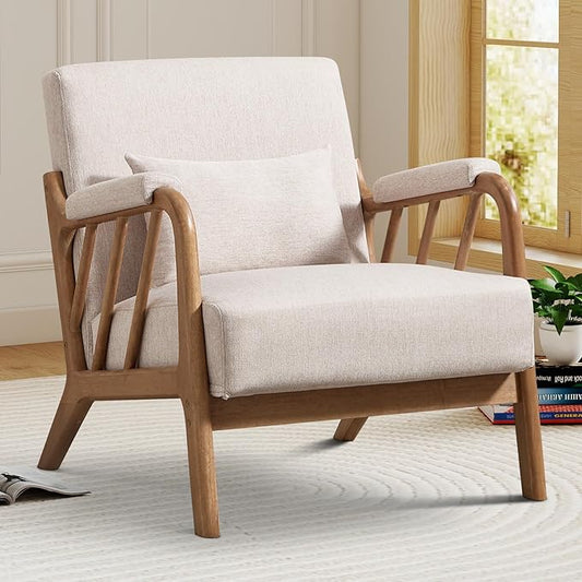 Mid Century Modern Accent Chair with Solid Wood Frame, Upholstered Living Room Chairs with Lumbar Cushion Padded Arms, Reading Armchair for Bedroom (1, Linen Beige)