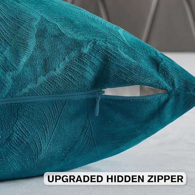 FUTEI Teal Velvet Throw Pillow Covers 20x20 Inch Set of 2,Soft Embossed Leaf-Relief Textured Cushion Cases,Natural Home Decor for Couch Living Room
