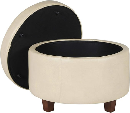 HomePop Large Leatherette Round Storage Ottoman with Removeable Lid, Cream Faux Leather
