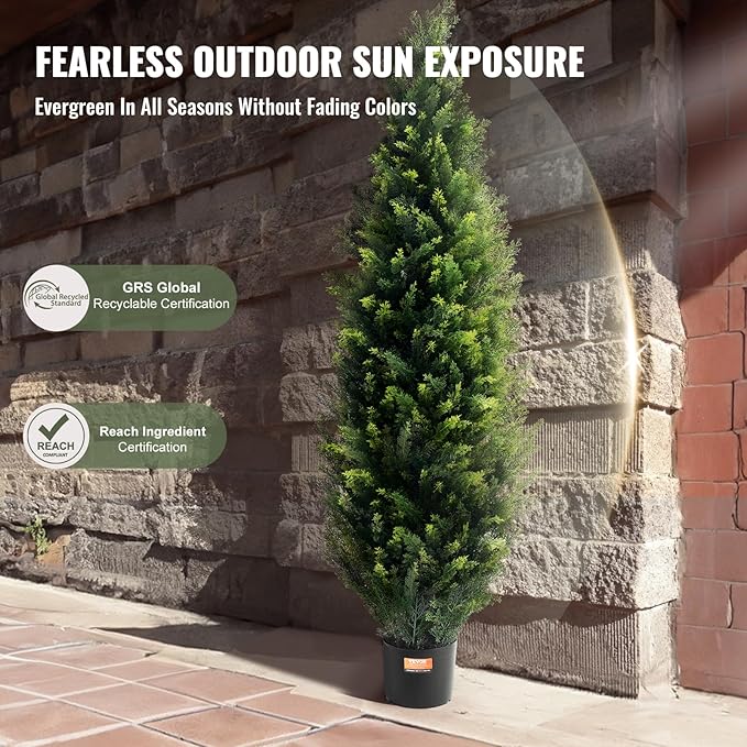 VEVOR Artificial Topiary Cedar Tree, 48 inch Tall (2 Pieces), with Extra Leaves & Pot Faux Evergreen Fake Pine Cypress Trees Plant, UV Rated Artificial Greenery Set for Home Decor Indoor/Outdoor