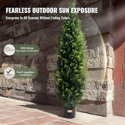 VEVOR Artificial Topiary Cedar Tree, 48 inch Tall (2 Pieces), with Extra Leaves & Pot Faux Evergreen Fake Pine Cypress Trees Plant, UV Rated Artificial Greenery Set for Home Decor Indoor/Outdoor