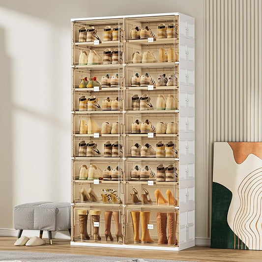 JEKO&JEKO 9 Tiers Foldable Boot and Shoe Storage Rack Cabinet for Closet Entryway, Large Collapsible Shoe Organizer with Magnetic Doors (White)