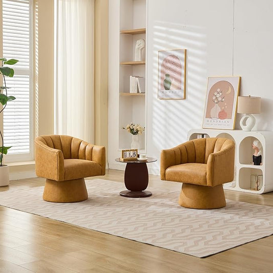 Swivel Accent Chair Set of 2,Faux Leather 360°Swivel Barrel Chair Upholstered Modern Living Room Chair, Overstuffed Reading Armchair for Bedroom,Vanity,Office-Mustard