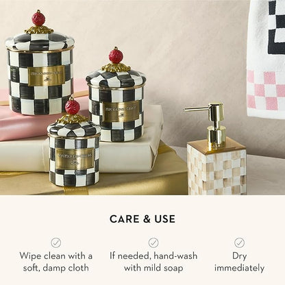 MACKENZIE-CHILDS Enamel Canister Set, Mini (14 oz.), Demi (24 oz.), and Small (38 oz.) Kitchen Containers, Black-and-White Courtly Check