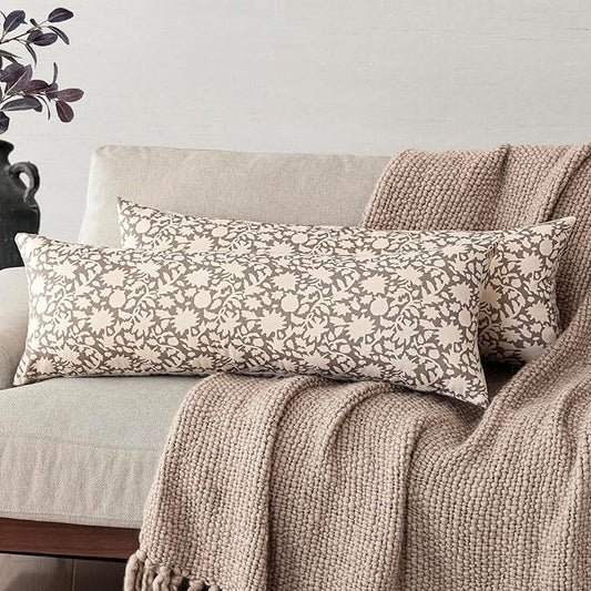 Foindtower Set of 2 Decorative Floral Long Body Lumbar Throw Pillow Covers Neutral Farmhouse Cushion Covers Boho Vintage Pillowcase for Couch Sofa Bedroom Living Room Home Decor,14×36 Inch,Tan