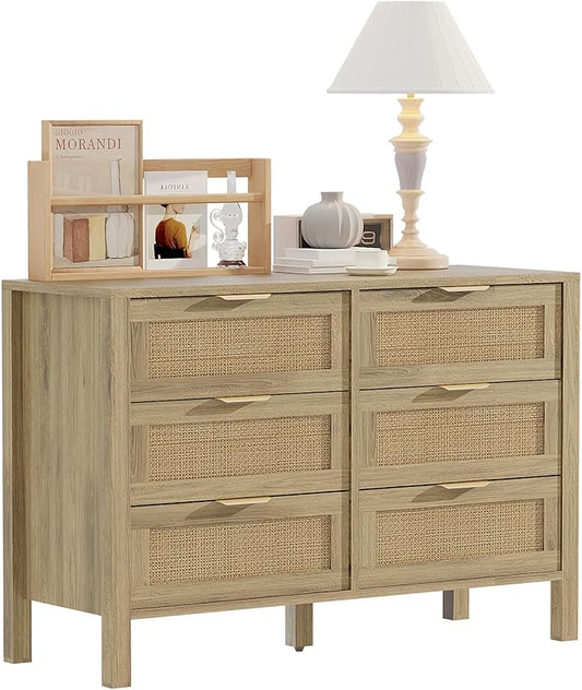 6 Drawer Dressers for Bedroom, Rattan Dresser with Drawers, Modern Wood Dresser with Metal Handles, Chest of Drawers for Bedroom, Living Room, Entryway (6 Drawer)