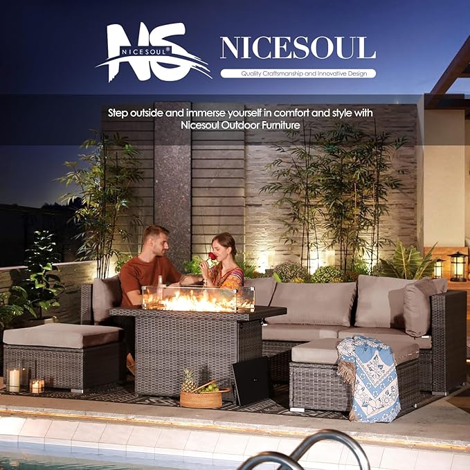 NICESOUL 7 Piece Modern Outdoor Seating Groups with Firepit Natural Gas/Propane, 29.3'' High Back Oversized Rattan Patio Conversation Sofas Set, Deep Seated Wide Sectional Couches for Outside, Gray