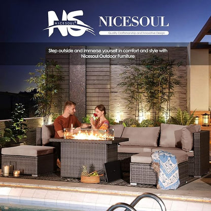 NICESOUL High-End Outdoor Patio Furniture Set with Natural Gas/Propane Firepits, 7 Piece Large Wicker Sectional Couches with Fire Table, 29.3'' High Back Deep Seating Comfy Conversation Sofas, Gray