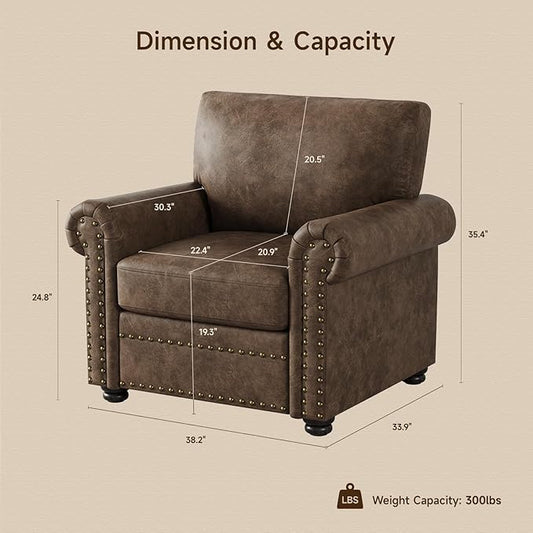 ONBRILL Nailhead Trim Accent Chair, Faux Leather Club Chair for Living Room, Comfy Armchair with Springs Cushions & Solid Wood Legs, Traditional Rolled Arms Single Sofa for Bedroom, Apartment, Brown