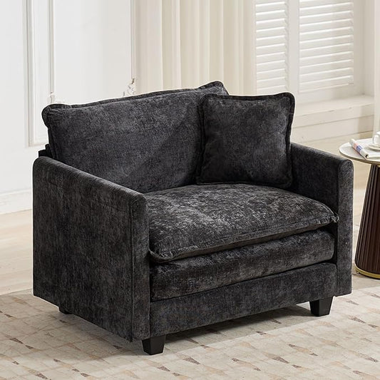 Aoowow Chenille Upholstered Accent Chair Oversized,Fluffy Single Cloud Sofa Chairs with Deep Seat,Modern Large Reading Arm Chair with Throw Pillow for Living Room,Bedroom (Black, Single Sofa Chair)