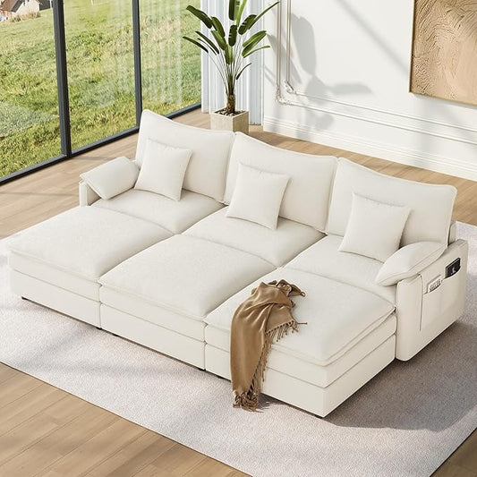 Vesgantti 108" Sectional Sleeper Sofa, 6-Seater Oversized Modular Cloud Couch with Movable Ottoman, Chenille Large Sofa Bed Convertible Deep Seat Couches for Living Room, Bedroom and Apartment, White