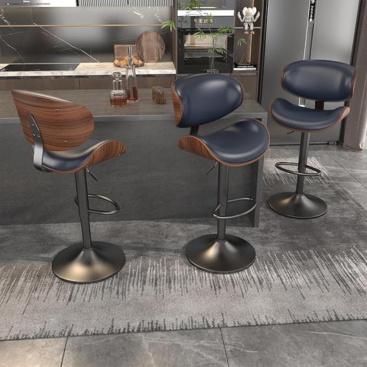 Counter Height Stools, Bar Stools for Kitchen Island with Bentwood Back and Leather Seat, Swivel Bar Stools for Kitchen Island, Deep Blue(1 PCS)