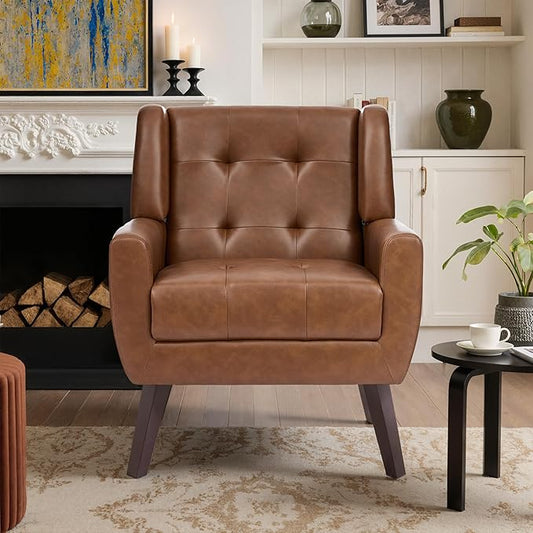 Faux Leather Accent Chair, Mid-Century Modern Upholstered Armchair, Comfy Living Room Chairs Reading Chairs with Button Tufted Back & Solid Wood Legs for Bedroom, Office, Coffee