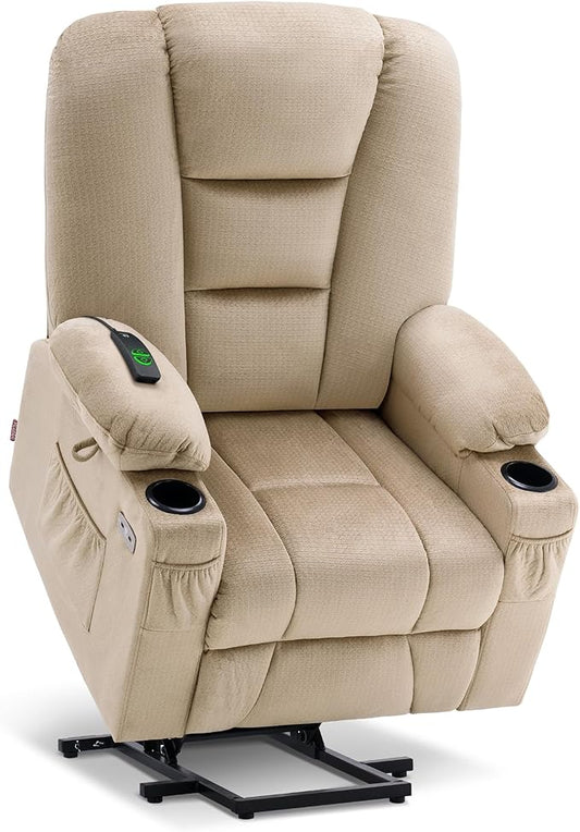 MCombo Large Power Lift Recliner Chair Sofa with Massage and Heat for Big and Tall Elderly People, 3 Positions, Cup Holders, and USB Ports, Fabric 7549 (Large, Beige)