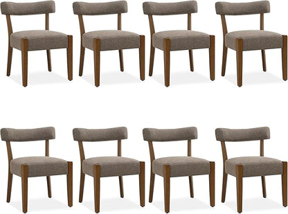 Modern Dining Chairs Set of 8, Walnut Upholstered Kitchen & Dining Room Chairs, Mid Century Wooden Dining Chairs Oversized Sturdy Fabric Rounded Chairs Curved Back, Tan Brown