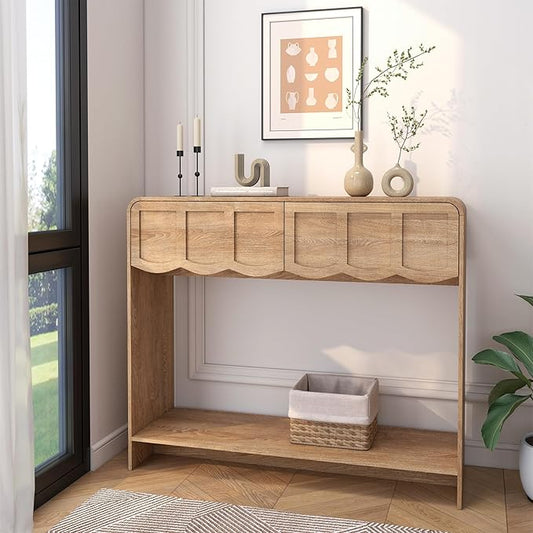 Console Table with 2 Drawers, Mid-Century Modern 42" Entryway Table with Open Storage Shelves, Sofa Table Behind Couch for Living Room, Hallway, Natural