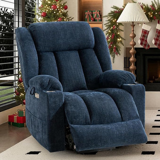 HUSFU Oversized Power Lift Recliner Chairs for Elderly with Massage and Heat, Wide Recliners Chair,Upgraded Chenille Lift Chairs w/Cup Holders, USB & Type-C Ports,Blue,1PC