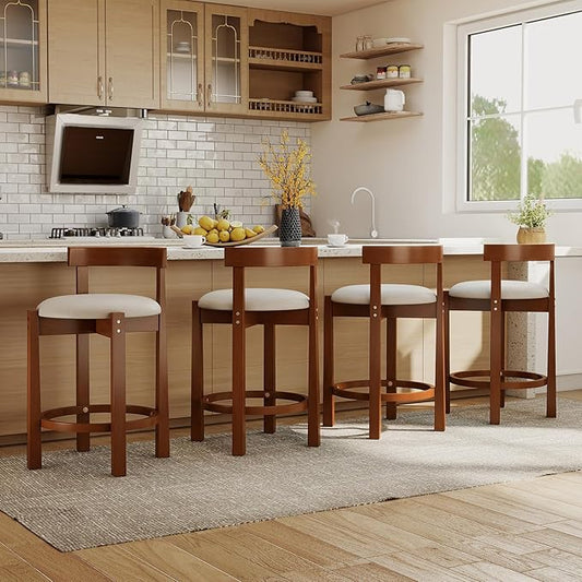 COSTWAY 24'' Counter Height Bar Stools Set of 4, Linen Upholstered Bar Chairs with Backrests and Footrests, Wood High Barstools for Kitchen Island and Dining Room (Walnut)