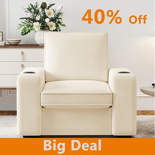Furnimart 36" Wide Plush Accent Chair, Single Sofa with USB Charger & Cup Holder, Oversized Comfy Chair Tufted Terry Fabric, Ideal for Living Room, Bedroom, Apartment(Terry-Beige)