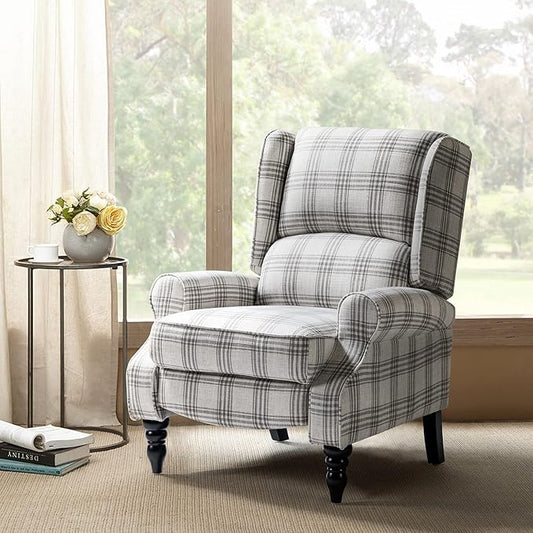 HULALA HOME Upholstered Wingback Recliner Chair, Small Adjustable Footrest Push Back Single Reclining Sofa, Mid Century Modern Lounge Armchair for Living Room, Bedroom, Reading/Plaid Grey