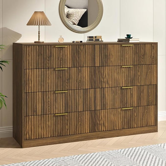 Fluted 8 Drawer Double Dresser Wood,55” Wide Bedroom Dresser Mid Century Chest of Drawers Wooden with Gold Handle,Dressers TV Stand for Bedroom,Living Room,Walnut