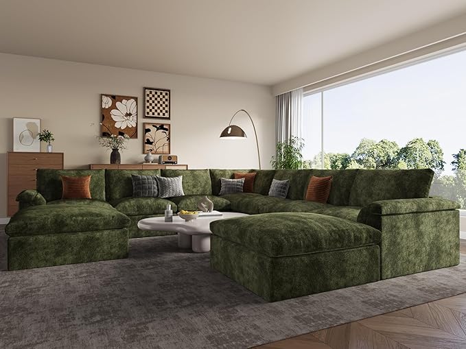 EASE MOOSE Oversized Sectional Cloud Couch, 9-Seat Modular Boneless Sofa Set with Deep Seat, No-Assembly Chenille Sofa for Living Room, Green