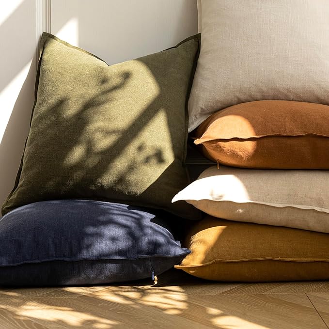 Foindtower Pack of 2, Decorative Linen Soild Throw Pillow Covers Soft Accent Cushion Case Boho Farmhouse Pillowcase for Chair Couch Sofa Bedroom Living Room Home Decor 22 x 22 Inch Olive Green