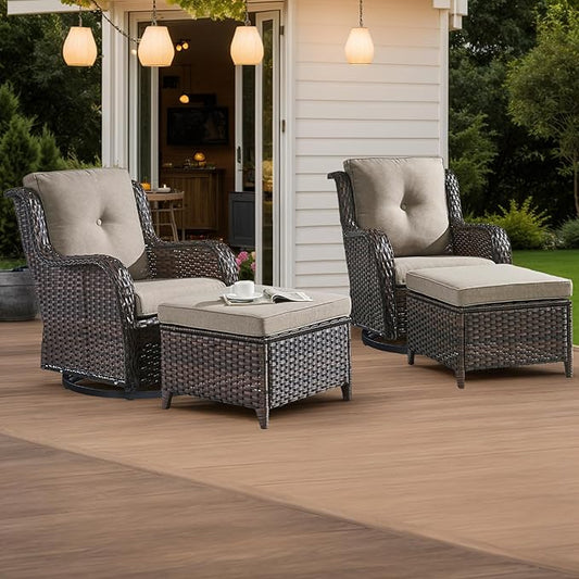 HUMMUH 4 Piece Outdoor Patio Furniture Set Wicker Conversation Bistro Set Swivel Rocker Chairs with 2pcs Ottomans for Backyard, Porch, Balcony