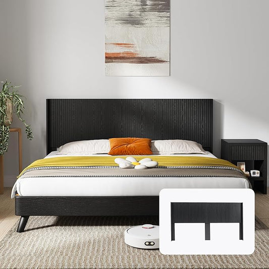 KEIKI Wooden King Size Headboard Only, 80.2" Wide Farmhouse Headboards with Wall Mounted Fluted Panel & Wingback for Bedroom, Black Oak