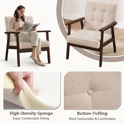 ANJ Mid Century Modern Accent Chairs Set of 2, Tufted Fabric Armchair with Solid Wood Frame, Comfy Retro Side Chair Reading Chair for Living Room, Bedroom，Beige