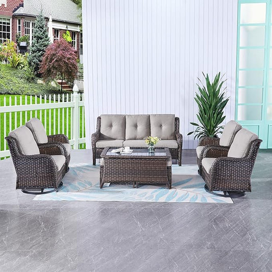 HUMMUH 8pcs Patio Furniture Set Outdoor Swivel Rocker Wicker Patio Chairs,Outdoor Couch with Coffee Table and Ottomans(Brown,Grey)