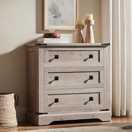 T4TREAM Farmhouse 3 Drawers Dresser for Bedroom, Rustic Wood Double Dresser TV Stand, Wide Storage Dressers Organizer for Living Room, Hallway, Light Rustic Oak