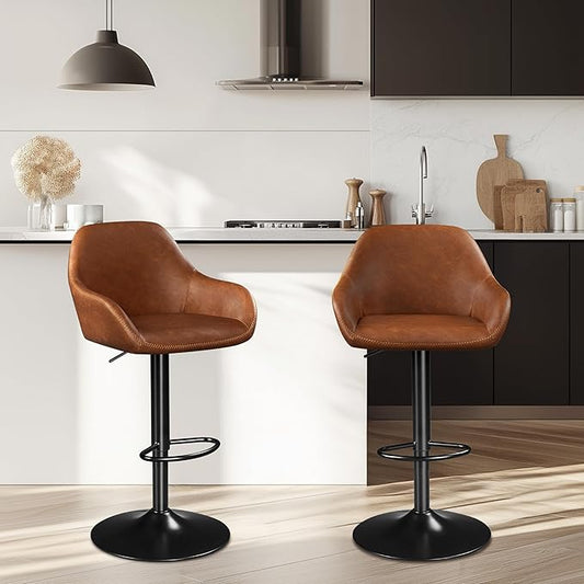 Yaheetech Bar Stools Set of 2, PU Leather Swivel Counter Height Barstools, Adjustable Bar Chairs with Backrest and Footrest, Kitchen Island Stool for Home Kitchen, Retro Brown