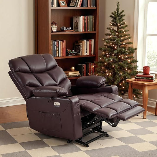 MCombo Power Lift Recliner Chair with Extended Footrest for Elderly People, Faux Leather 7287 (Dark Brown, Medium)