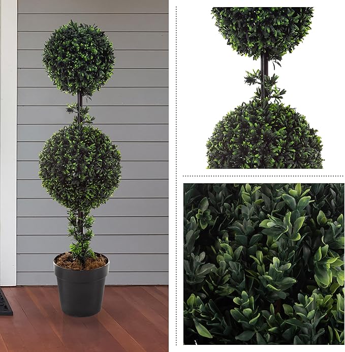 Set of 2 Topiary Trees - 36-Inch Double Ball Podocarpus Fake Plants - Realistic Indoor or Outdoor Potted Faux Plants for Home Decor by Pure Garden