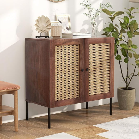 COSTWAY Buffet Cabinet with Storage, Storage Sideboard with Rattan Decorated Doors, Adjustable Shelf, Metal Legs, Accent Cabinet, Buffet Table Credenza for Hallway, Entryway, Living Room (1, Walnut)