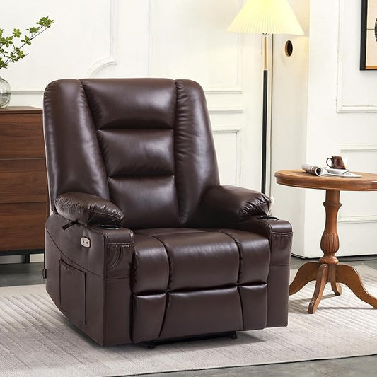 MCombo Oversized Power Lift Recliner Chair with Massage and Heat for Big and Tall Elderly People, Cup Holders, USB Ports, Side Pockets, Faux Leather R7541 (Dark Brown, Large-Oversize)