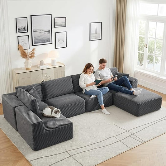 Modular Sectional Cloud Couch for Living Room,Modern Boneless Couche Set with Plush Corduroy,Comfy Floor Sofa with Memory Foam,Stupendous U Shaped Sofa with Ottoman,No Assembly Required,Grey