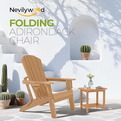 nevilywood Folding Adirondack Chair - Extended Ergonomic Backrest, Cup Holder - Easy Assembly - Durable HDPE Plastic, Weather Resistant & Maintenance-Free - Lawn, Patio, Deck Supports 380lbs Teak