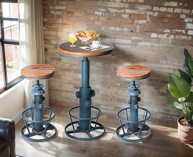 Topower 3 Piece Pub Bar Set Retro Round Bar Table and Stools for 2 Height Adjustable Pub Desk and Stools Match Bar Height and Counter Barstool Antique Blue(1 Table + 2 Chairs)